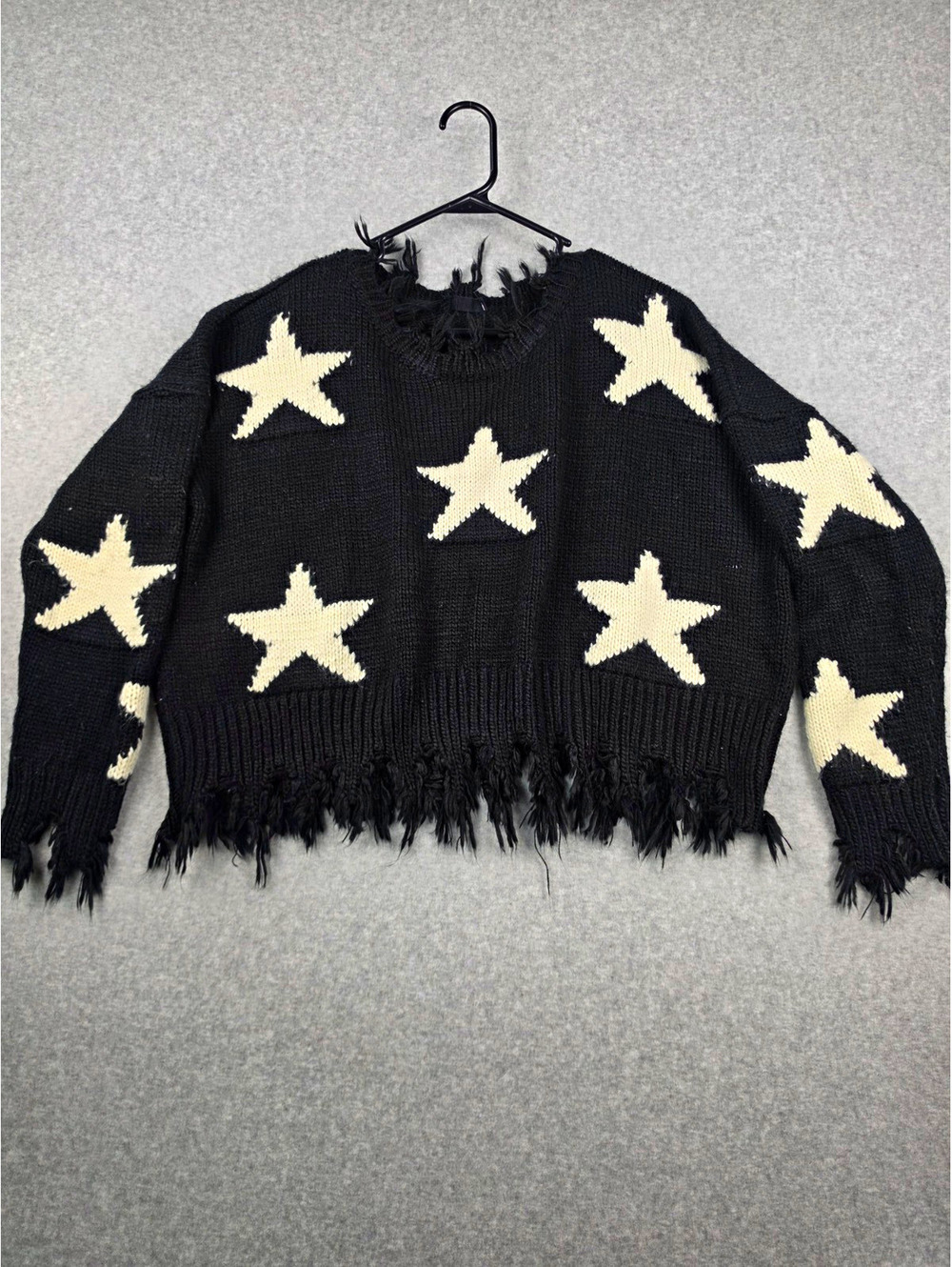 Storia Black/White Oversized Crew Neck Star Fringe Sweater S